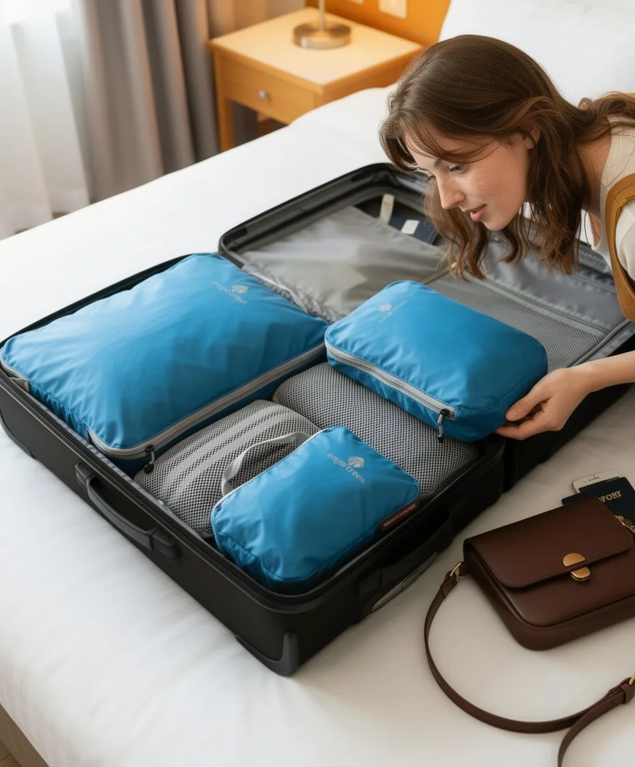 Eagle Creek packing cubes flat lay — Emma Roams