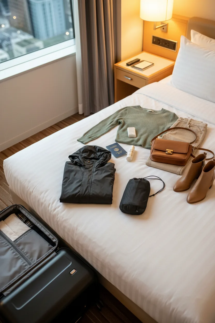 best packable rain jacket women travel — Emma travel outfit detail