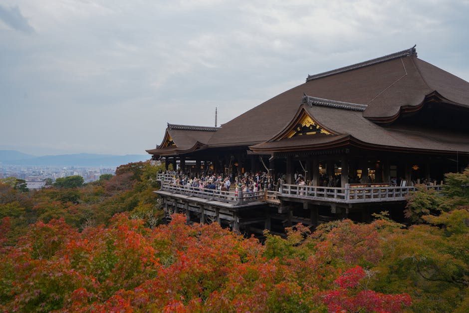 Crowded Kyoto temple during peak tourist season