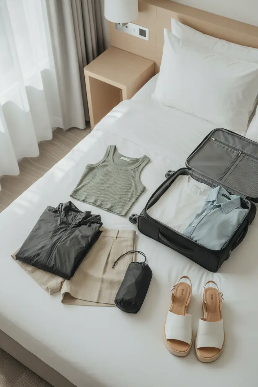best packable waterproof jacket for travel — Emma travel outfit detail