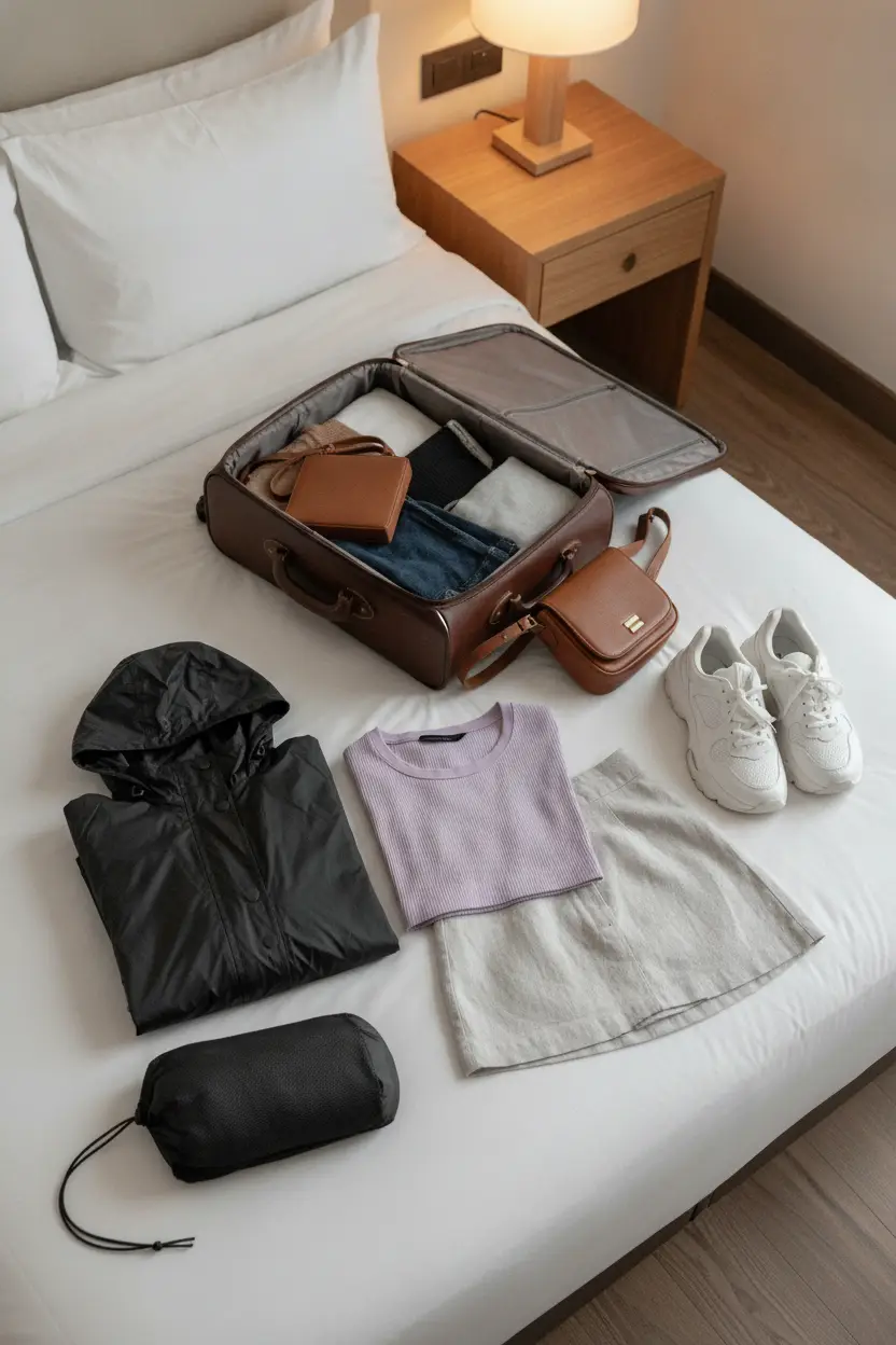best packable rain coat for travel — Emma travel outfit detail
