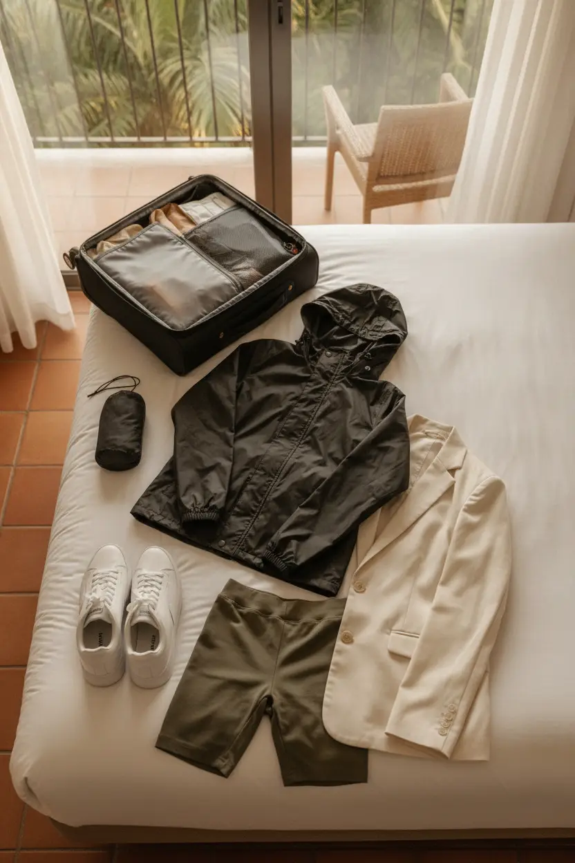 best packable rain jacket for travel men — Emma travel outfit detail